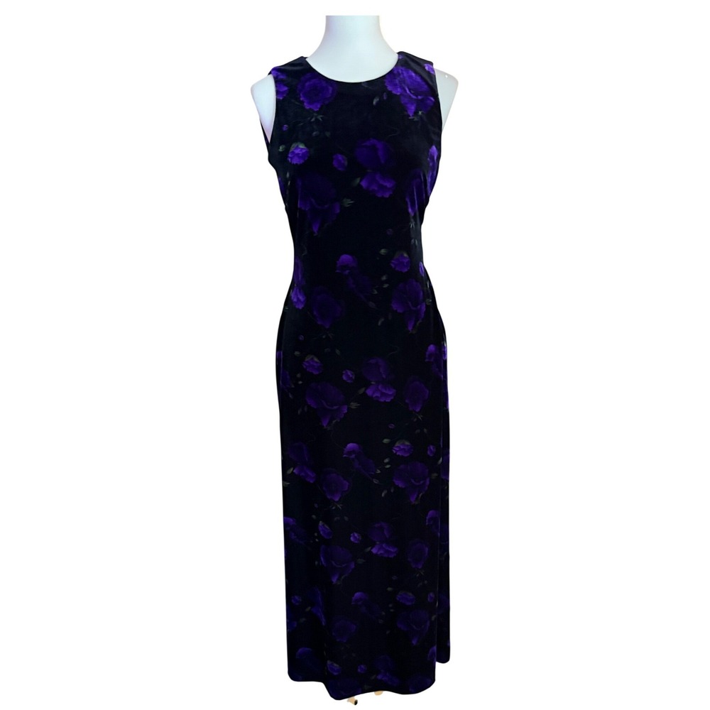 Evan-Picone Vintage Black Purple Floral Velvet Sleeveless Maxi Dress Column XS